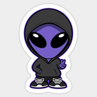 Hooded Space Alien Peace Hand Sign Purple Sticker